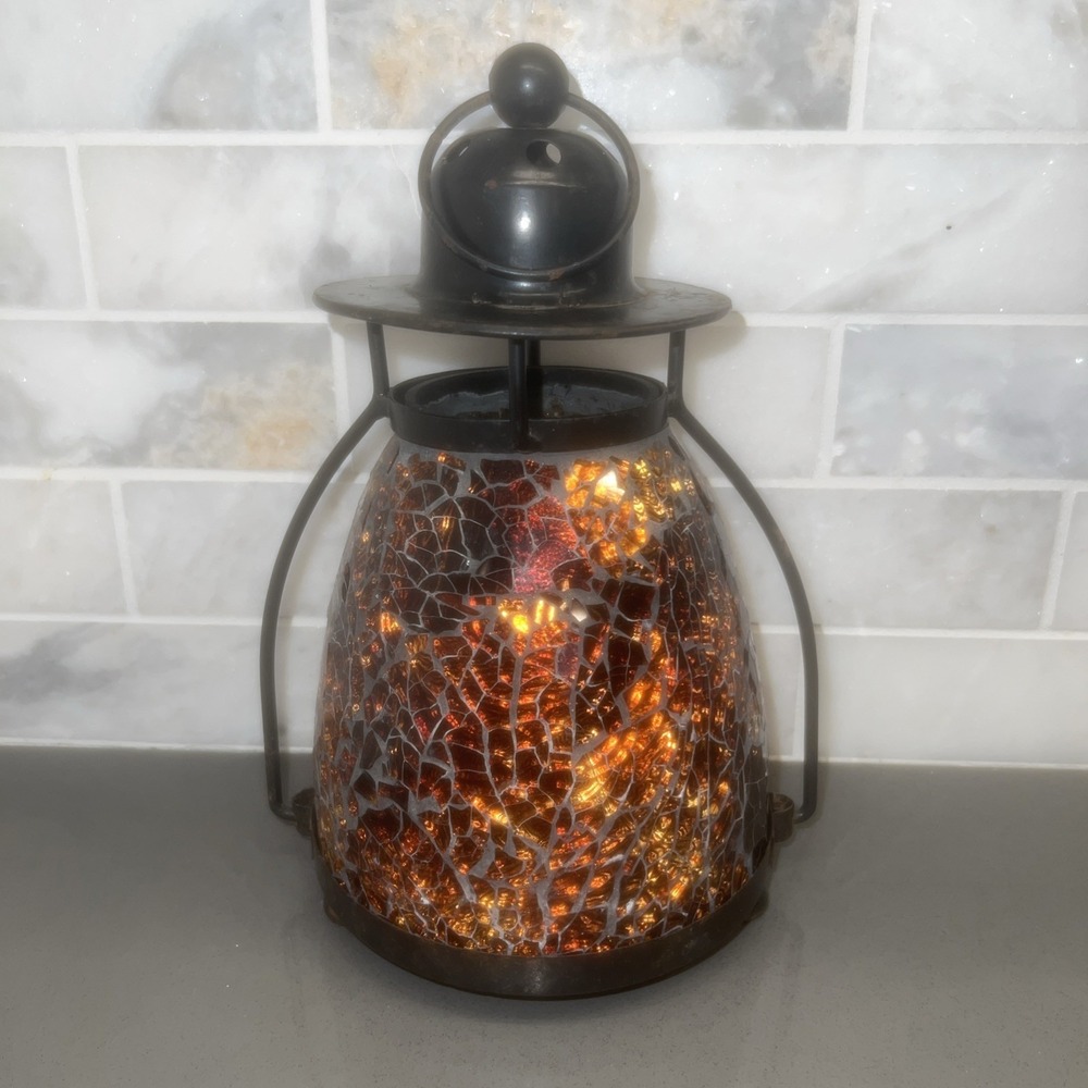 Decorative Candle Lanterns, Mosaic Glass and Wrought Iron Tea Light Orange